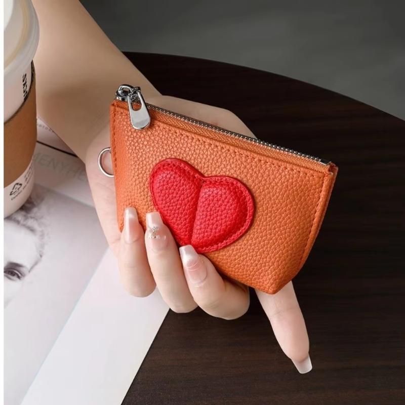 Color-Blocked Heart-Shaped Keychain Wallet Pu Mini Coin Purse For Women