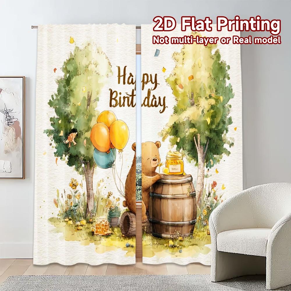 2pcs, 2D FLAT PRINTING Curtains (Without Rod) BearBirthday Modern Window Curtain Durable 100% Polyester Fabric Curtains Festive