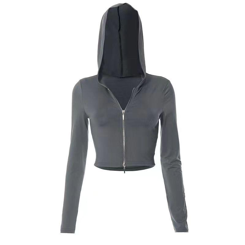 2024 Spring/Summer Women s Slim Fit Hooded Zip-Up Cropped Hoodie with Sun Protection XS чёрный