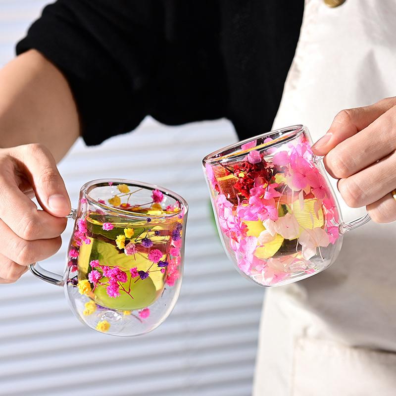 Double-Wall Dried Flower Glass Mug - Heat-Resistant Decorative Coffee/Tea Cup (Multi-Color Options)