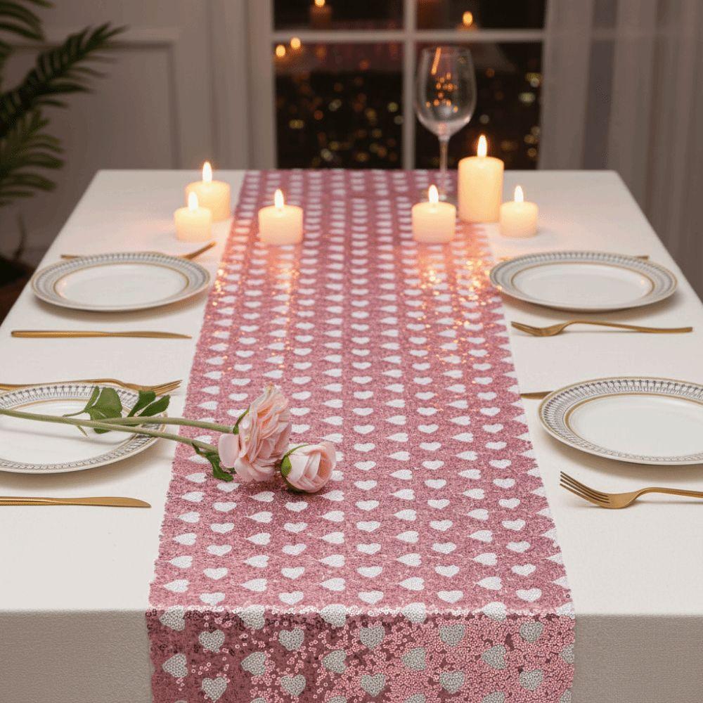 Love Heart Sequined Mesh Table Runner Valentines Day Table Flag Birthday Celebration