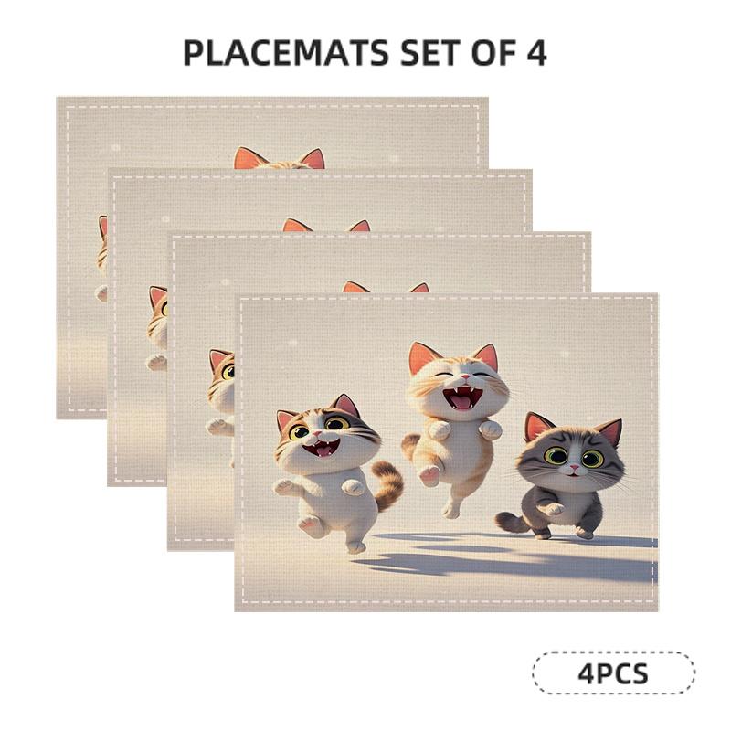 4/6/8pcs Fun Cat Print Linen Placemat, Rectangular Table Mat, Hand Washable, Home Decor Dining Room and Kitchen Mat Set