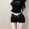 Low-Waist Black Denim Shorts for Women - Heavy-Duty Rivets, Tight Fit, Super Short, Perfect for Spring and Summer.