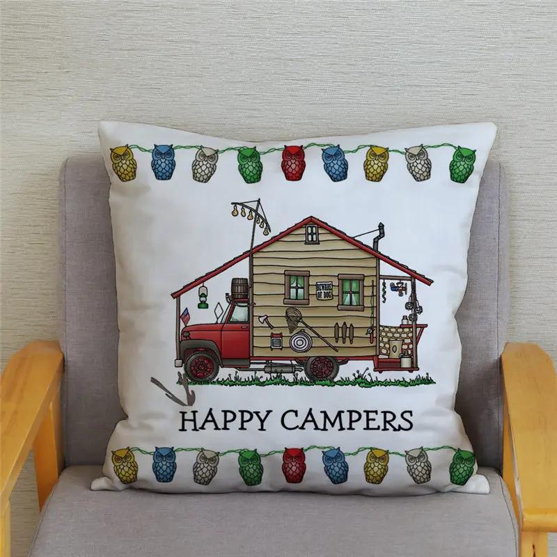 45X45Cm Happy Campers Owl Motorhome Print Pillow Case Soft Polyester Sofa Car Seat/Back Cushion Cover For Home Decor Pillowcases
