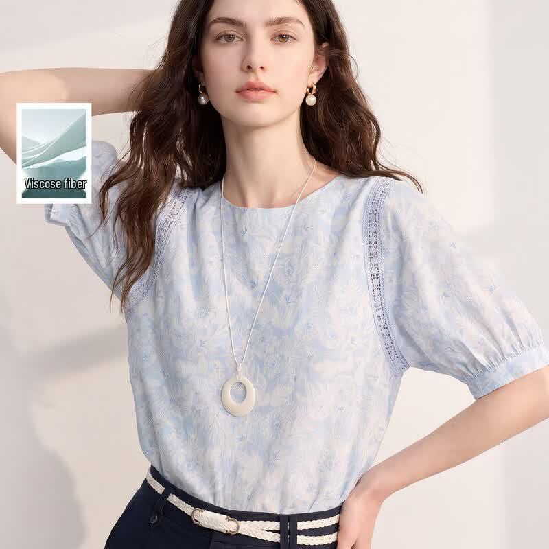 SanCai 2026 Summer Floral Print Loose Short Sleeve Blouse L