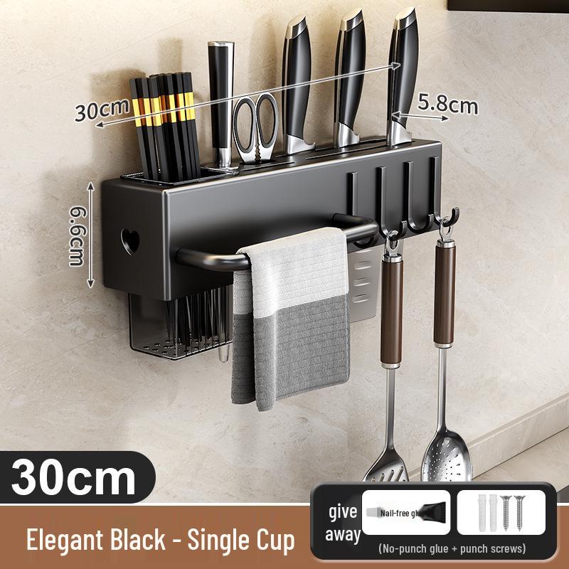 Wall-Mounted Kitchen Knife & Chopstick Storage Rack with Hooks (Punch-Free)