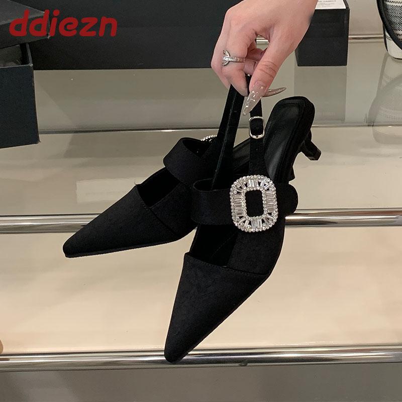 Fashion Luxury Fashion Rhinestones Party Ladies Thin Heels Sandals Shoes Female Buckle Footwear Women Medium Heels Sandals Pumps Shoes