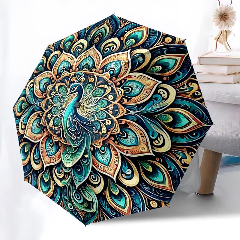

1pc Mandala Peacock Design Automatic Folding Umbrella - Portable 3-Fold Design, 8-Bone Iron Frame Outdoor Umbrella, Ideal Gift for Fans, Travelers, Da