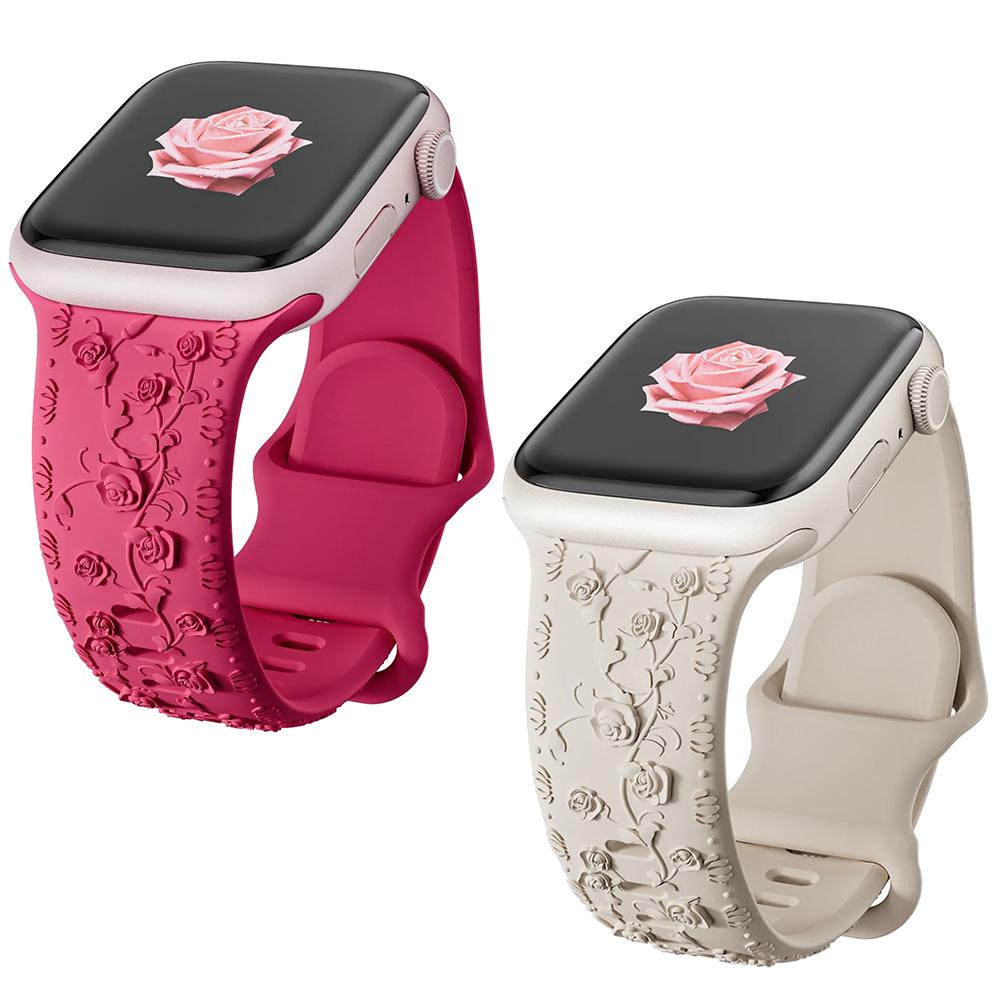 Floral Engraved Strap For Apple Watch Band 40mm 44mm 41mm 49mm 45mm 38mm 42mm Silicone Bracelet Iwatch Series 9 7 Se 6 8 Ultra 2