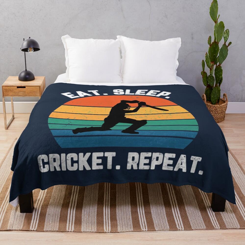 Eat Sleep Cricket Repeat Sunset White Text Throw Blanket