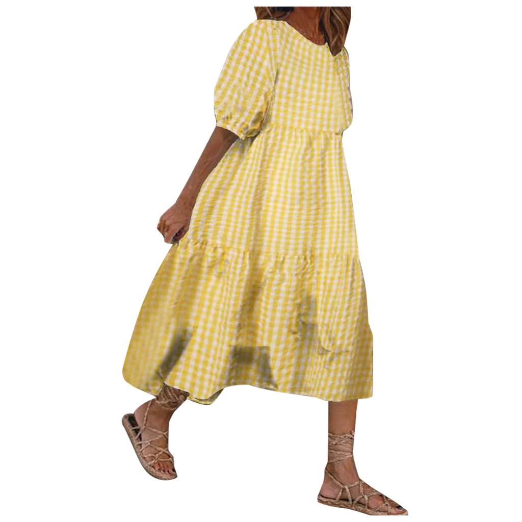 Women's Summer Casual Plaid Print Puff  Short-sleeve O-neck Big Swing Shirring Stitching Dress