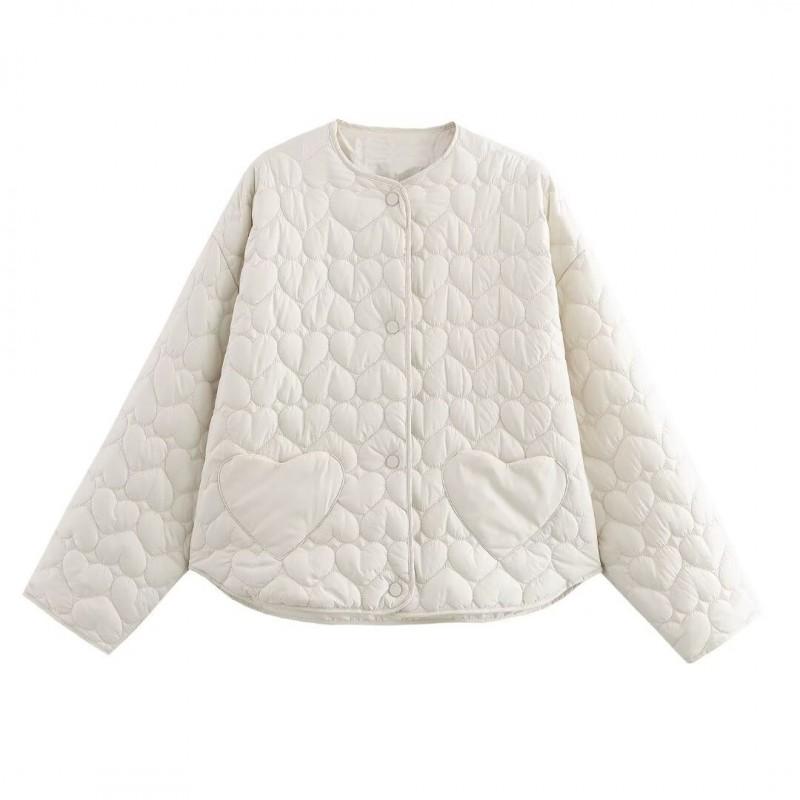 Womens Winter Streetwear Quilted Cotton Coat With Heart Two-Tone Design Regular Fit Long Sleeve Outerwear