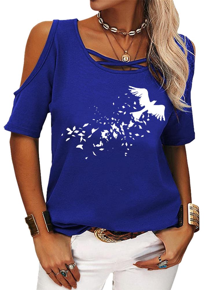 Women Casual Short Sleeve Shirt Summer O Neck T-shirt Ladies Fashion Print Off Shoulder Top