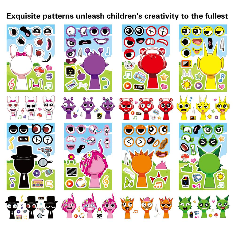 8/16Sheets Anime Sprunki Funny Puzzle Sticker Make a Face Decals Game Kids Toys Cartoon Assemble Jigsaw Children Party Gift