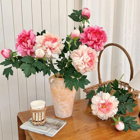 Künstliche Pfingstrose, Realistisches 2-köpfiges Kunstpfingstrosen-Bouquet mit 1 Knospe, 76 cm Fake-Pfingstrosen-Strauß mit Stiel für Hochzeits-Tischdekoration, DIY Heim-Tischvase