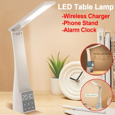 Multifunktionale LED-Tischlampe Kabelloses Ladegerät Schreibtischlampe mit Handyhalterung & Wecker Nachtlicht für Schlafzimmer Heimdeko