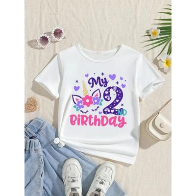 Maglietta con Stampa Fiore Cuore Unicorno di Compleanno per Bambine Abbigliamento Carino per Bambini Festa Unicorno