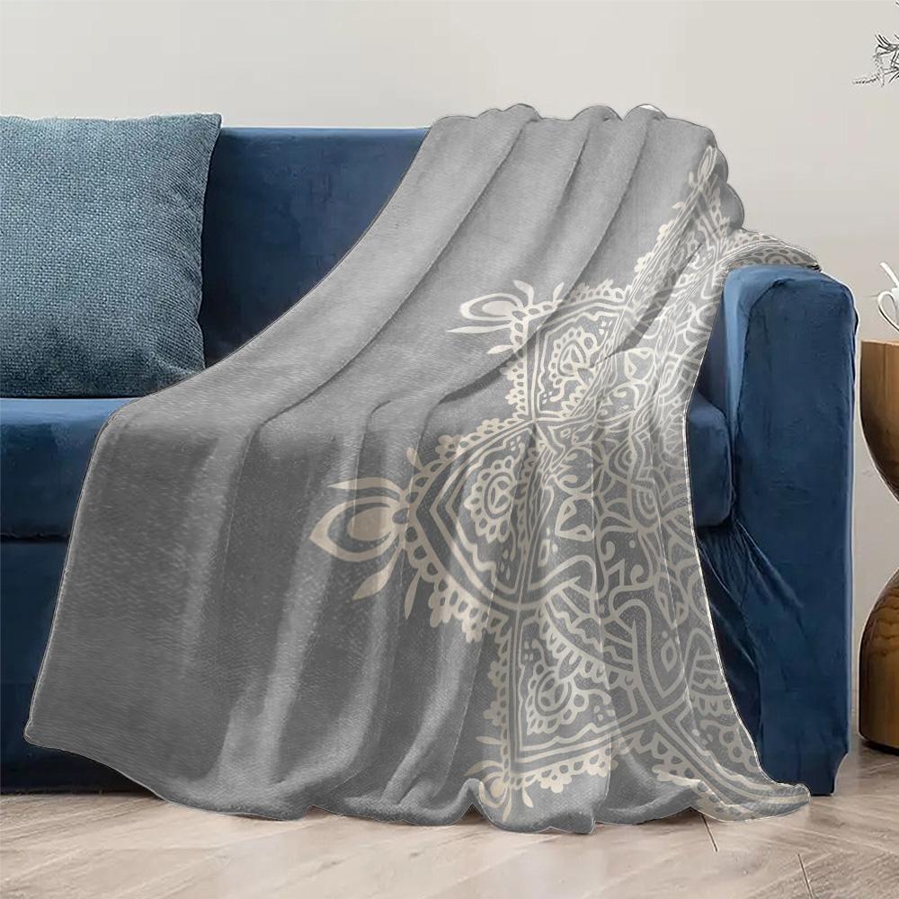Boho Mandala Throw Blanket Textured Grey Geometric Print Soft Fleece Blanket for Couch Sofa Bed Decor