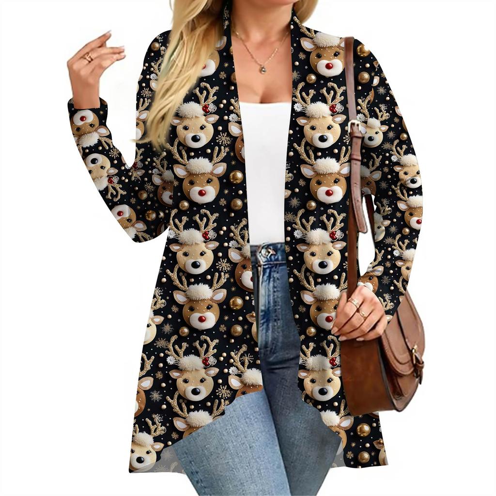 Women's Fall And Winter Fashion Casual Print Long Sleeve Mid-Length Cardigan Jacket