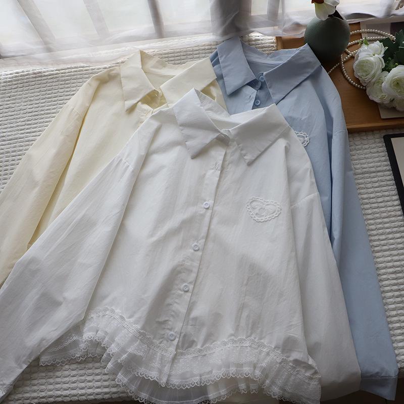 

[Bi Zheng] 2025 Spring/Summer Heart Patchwork Lace Long Sleeve Shirt for Women - Korean Style Fashion One Size