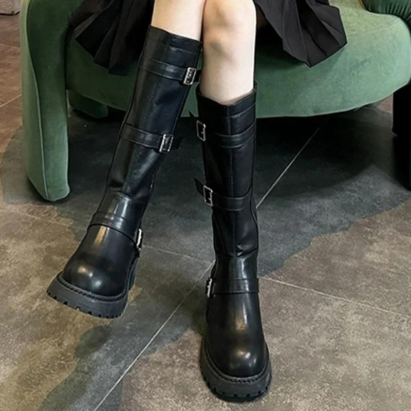 Platformă Femei Cizme Înalte Designer Retro Toc Mediu Cizme Motociclist Iarnă Pantofi Groși Trend Gladiator Chaussures Femme