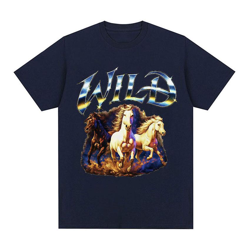 Wild with Running Horses Funny Meme Graphic TShirt Unisex Women Fashion Loose Cotton T Shirt Retro Oversized Short Sleeve T Shirts