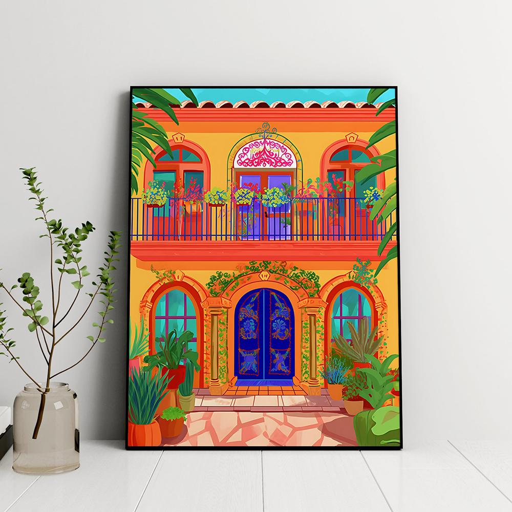 Wall Art Pictures Mexican Hacienda Print and Poster Mexico Traditional Courtyard Travel Illustration Canvas Painting Home Decor