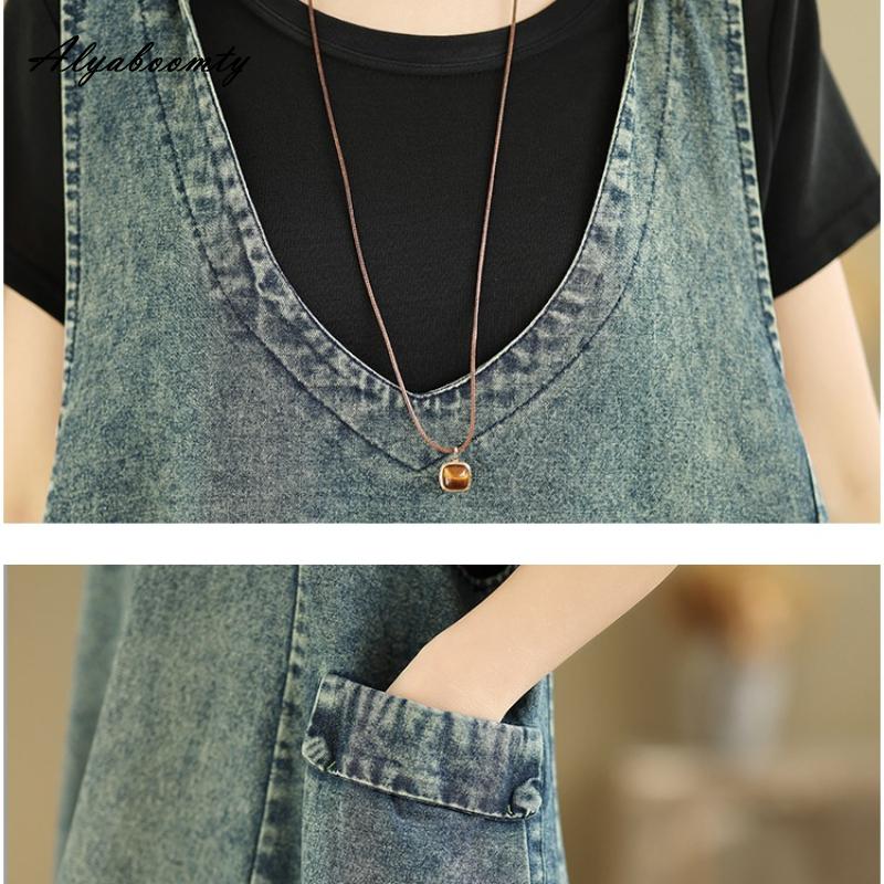 2026 Plus Size Spring Summer Women Tank Midi Dress Hooded V Neck Casual Loose Baggy Vintage Dress Sleeveless Denim Split Dress With Pocket