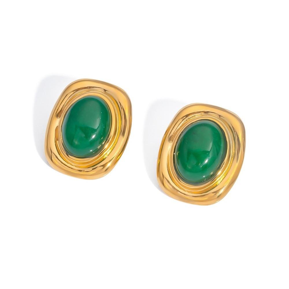 Nature Stone Tiger-eye Earrings Waterproof Stainless Steel Stud Earrings Gold Plated Oval Bead Pearl Earrings Gemstone Jewelry