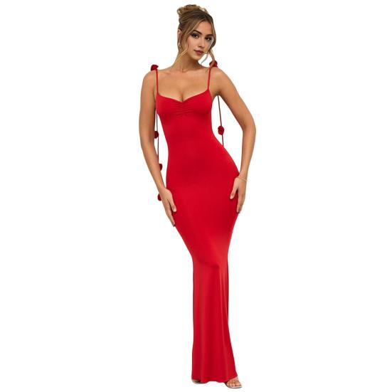 

Женское вечернее платье с 3D-узором в виде розы, на тонких бретельках, без рукавов, с V-образным вырезом, облегающее коктейльное платье макси, женское банкетное свадебное платье макси S красный