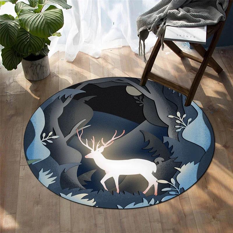 Forest Deer Round Carpet Soft Cartoon Rug Non-Slip Circle Floor Mat for Living Room Bedroom Sofa Bathroom Children's Dorm Decor
