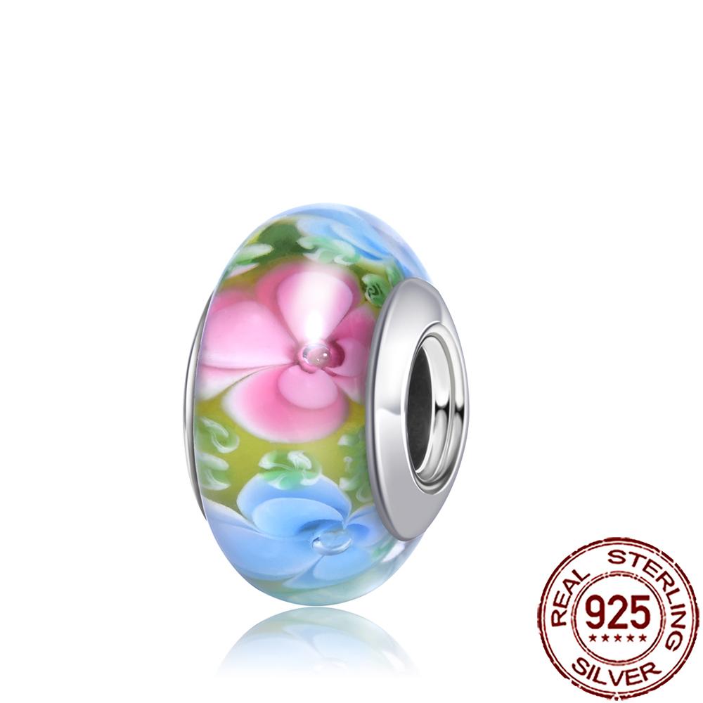 New Copper Cold Enamel Pink Daisy Murano Glass Charm Bead Fit Snake Chain Bracelet Necklace Women Diy Jewelry