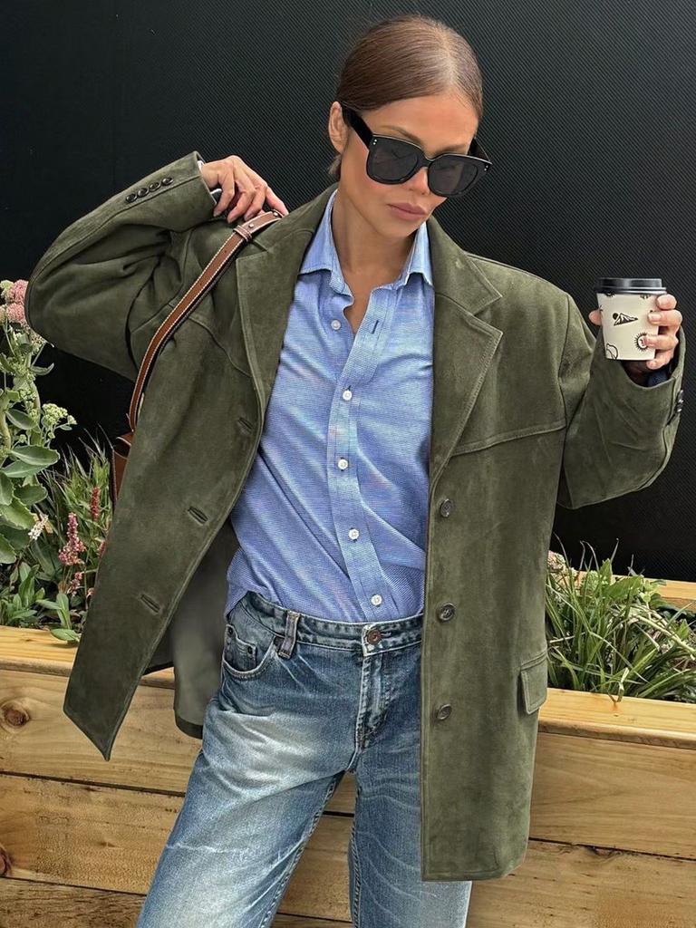 Jesień Zima Vintage Wykładany Kołnierz Zamszowa Tkanina Blezery Kobiety Luźny Casual Jednolity Kolor Pasujący do Wszystkiego Top Garniturowy