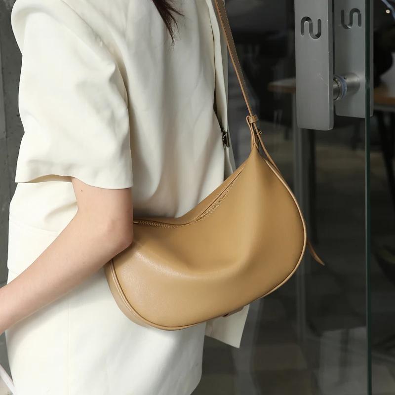 Women's Genuine Leather Hobo Soft Shoulder Messenger Bags for Women Wide Half-moon Bag
