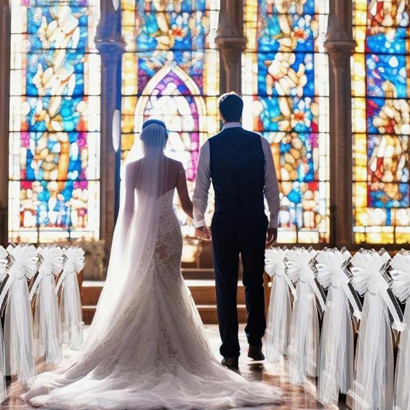 

Свадебные банты на скамьи в церкви с длинными тюлевыми хвостами, декор прохода для стульев, украшение свадебной машины для украшения прохода в церкви, церемония