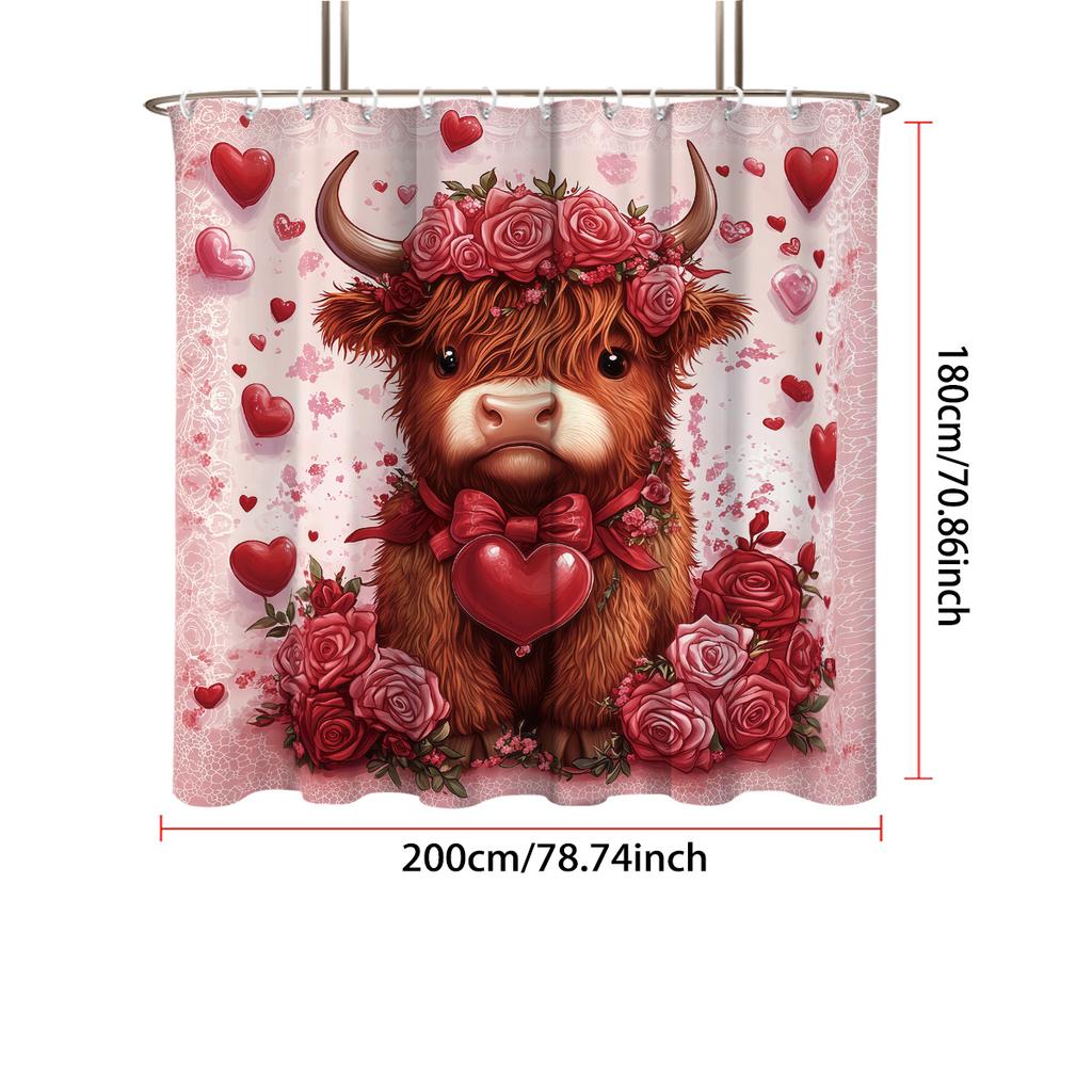Valentine Day Red Highland Cow Print Waterproof Shower Hanging Curtain Hooks Multiple Sizes Curtains Single Panel Made Of Polyester