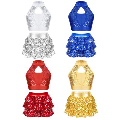 Girls Dance Stage Outfit Sleeveless Mock Neck Sequin Crop Top with Ruffle Skirted Shorts