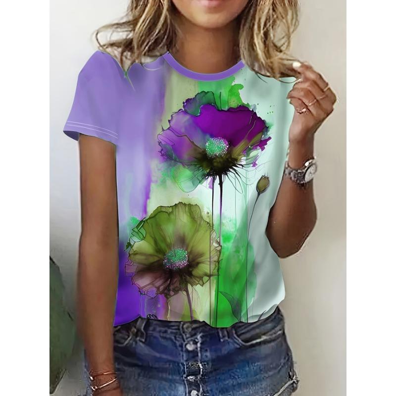 Round Neck Short Sleeved Floral Pattern Color Blocked 3D Printed Top for Summer Fashion and Casual Women's T-shirts