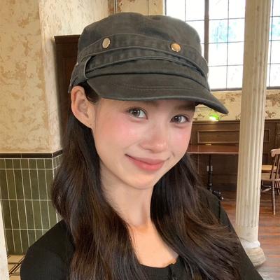Japanese Style Rivets Old Washed Flat Top Beret Women's Autumn Big Head Circumference Showing Face Small Duck Tongue Hat Literary Equestrian Hat