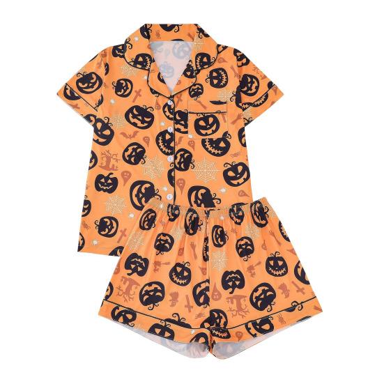 Halloween Women Pajamas Set Ghost Pumpkin Print Short Sleeve Button Down Shirts And Shorts Sleepwear Set 2 Piece Loungewear Pjs Short Set