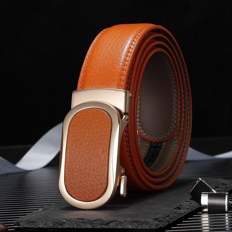 High Quality Leather Belt Yellow Cowhide Red Automatic Buckle Belt Blue White Trouser Belt