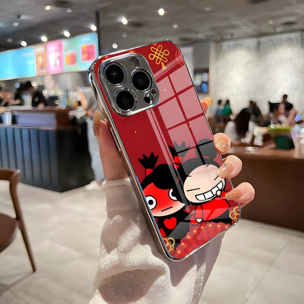 

P-Pucca Cute Love Phone Case For IPhone 17 Pro Max 15 Pro 16 14 Plus 12 13 Mini 11 Pro Shockproof Electroplated Glass Cover iPhone17