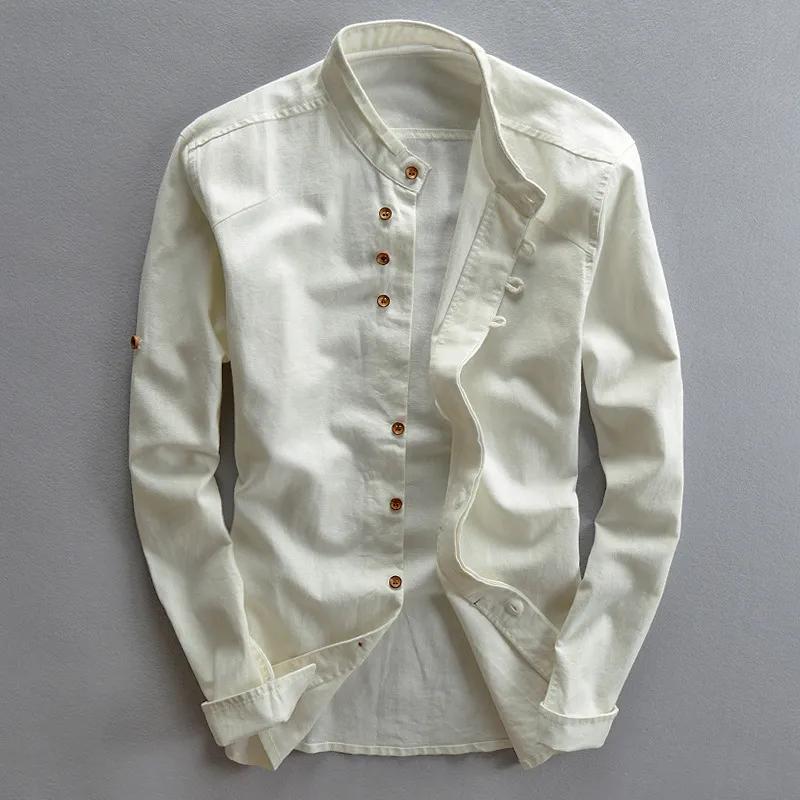 M-7XL Spring Autumn Men's Casual Shirts Retro Chinese Style Stand Collar Slim Long Sleeve Shirt
