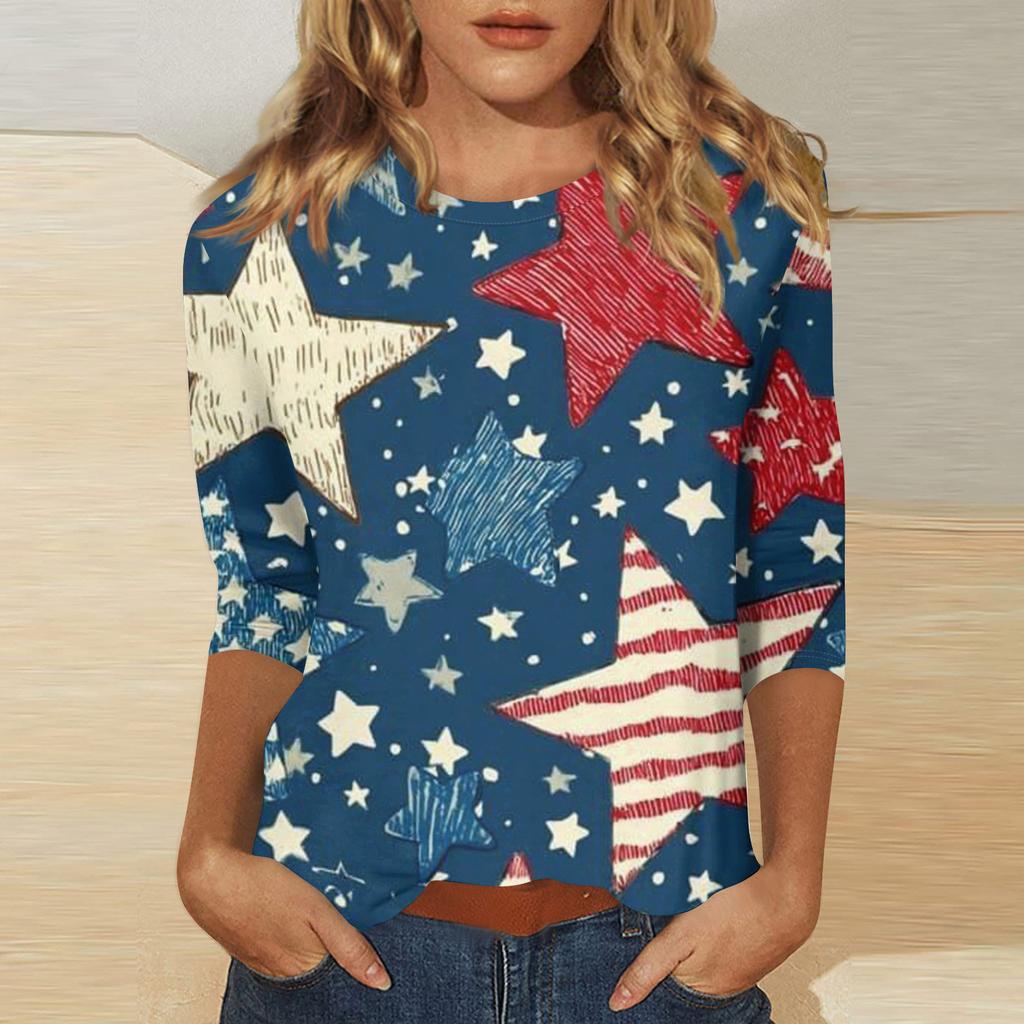 Women's Independence Day Print Round Neck Seven-Eighths Sleeve Top
