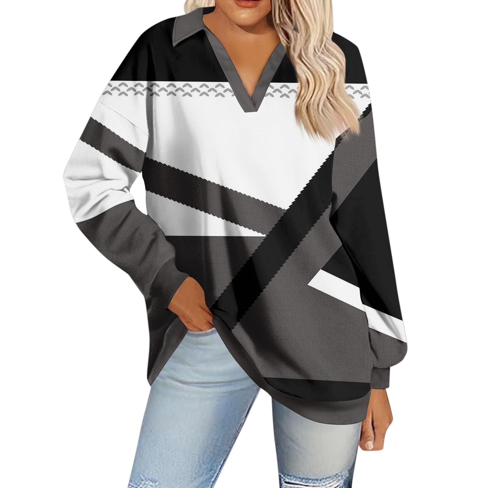 

Женская мода полосатый принт V-образный вырез длинный рукав свободный пуловер свитшот топ XL