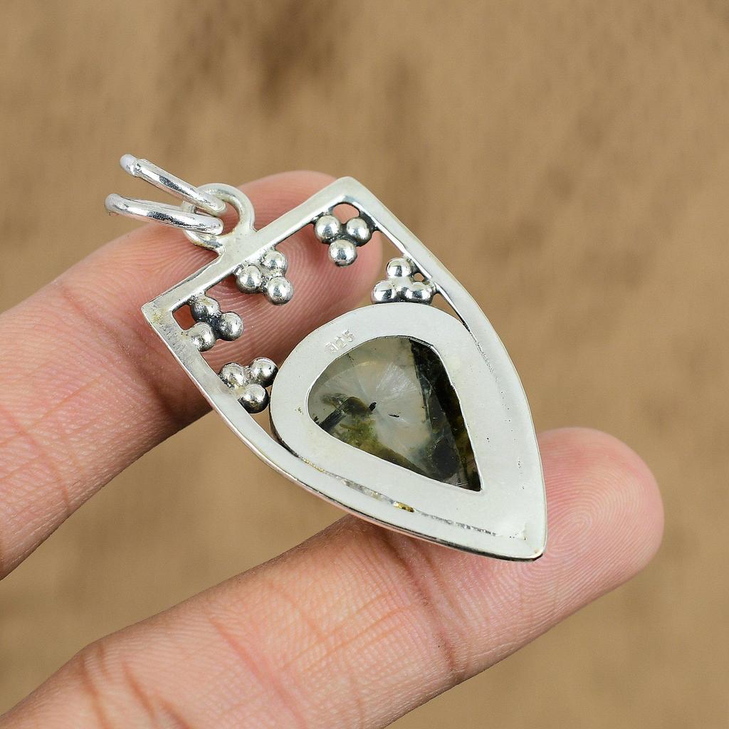 Natural Prehnite Gemstone Pendant 925 Sterling Silver Indian Jewelry For Women