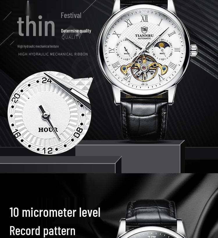 Relógio Masculino Automático Luminoso à Prova d'Água com Pulseira de Couro - Design Sol Lua Estrelas