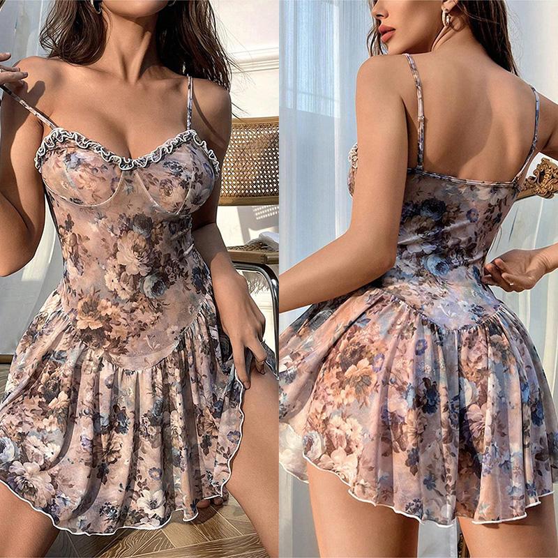 Babydolls Florales plissiertes Camisole kurzer Rock und Nachthemd Damen Pyjama sexy Dessous für Frauen Push-up erwachsene sexy Nächte