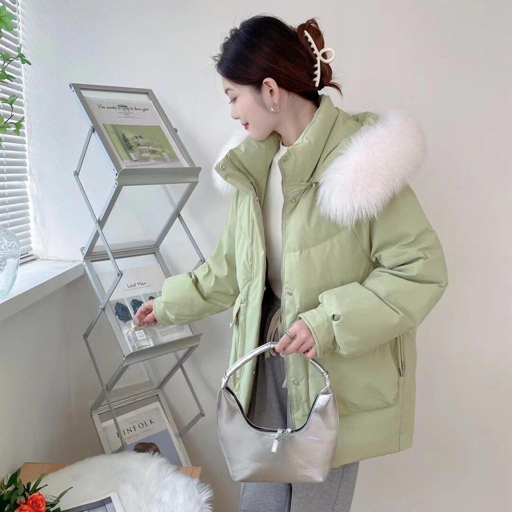 Women's Winter Autumn Hooded Fur Collar White Duck Down Jacket Coat Loose Solid Color Big Pocket Thicken Down Coat