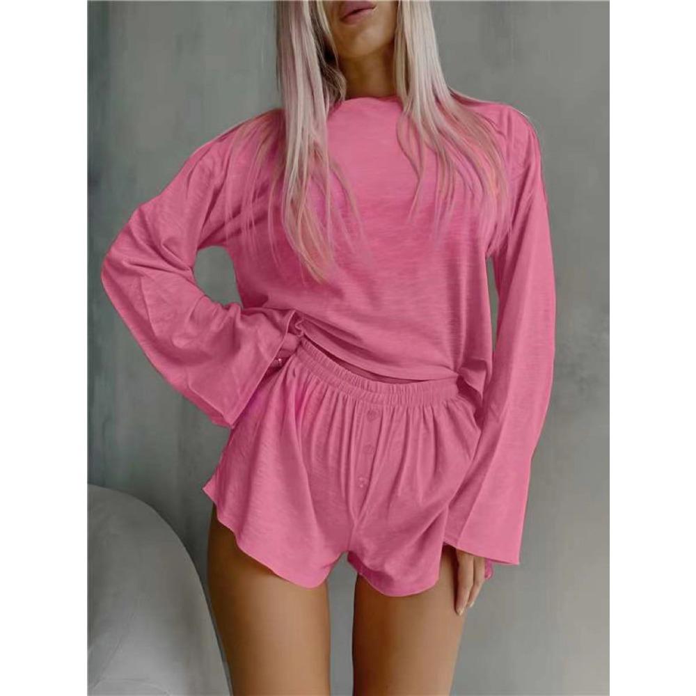 Einfaches Damen-Pyjama-Set - Unifarben - Langarm - Kurze Hose - Locker und Bequem - Lässiger Stil - Hauskleidung